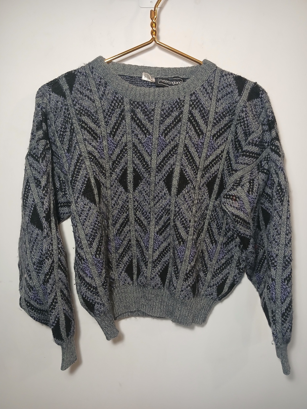 Peter England Gray, Black & Purple Geometric Sweater 35% Wool, Made In Italy